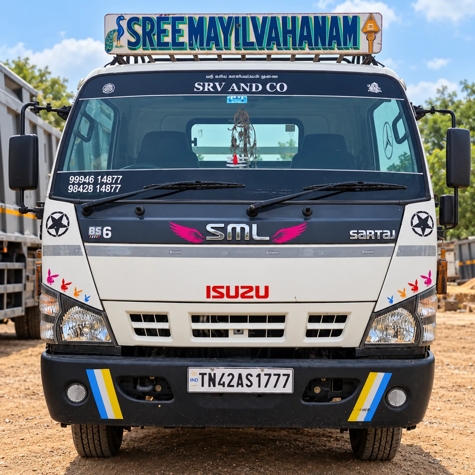 SRV AND CO white SML Isuzu truck with Sree Mayil Vahanam branding