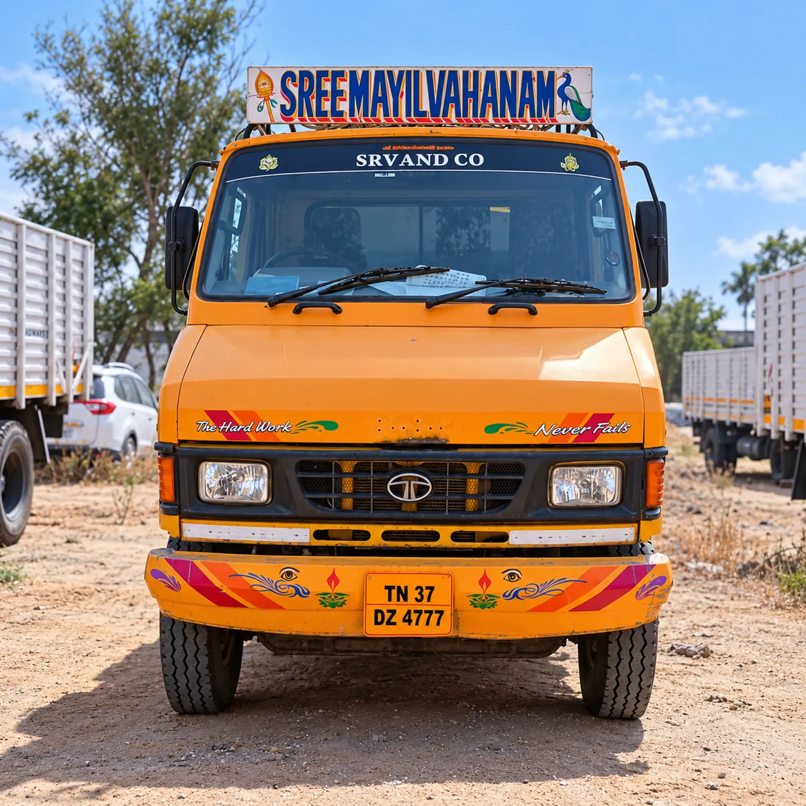 SRV AND CO orange Tata tipper truck in the yard