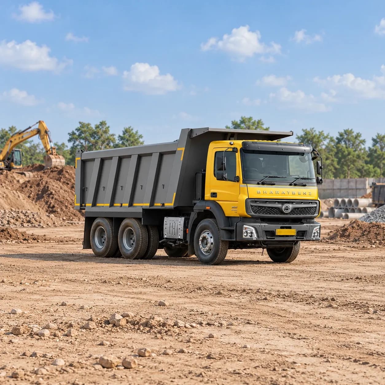 Representative image of a BharatBenz 10-wheeler tipper in an Indian construction yard