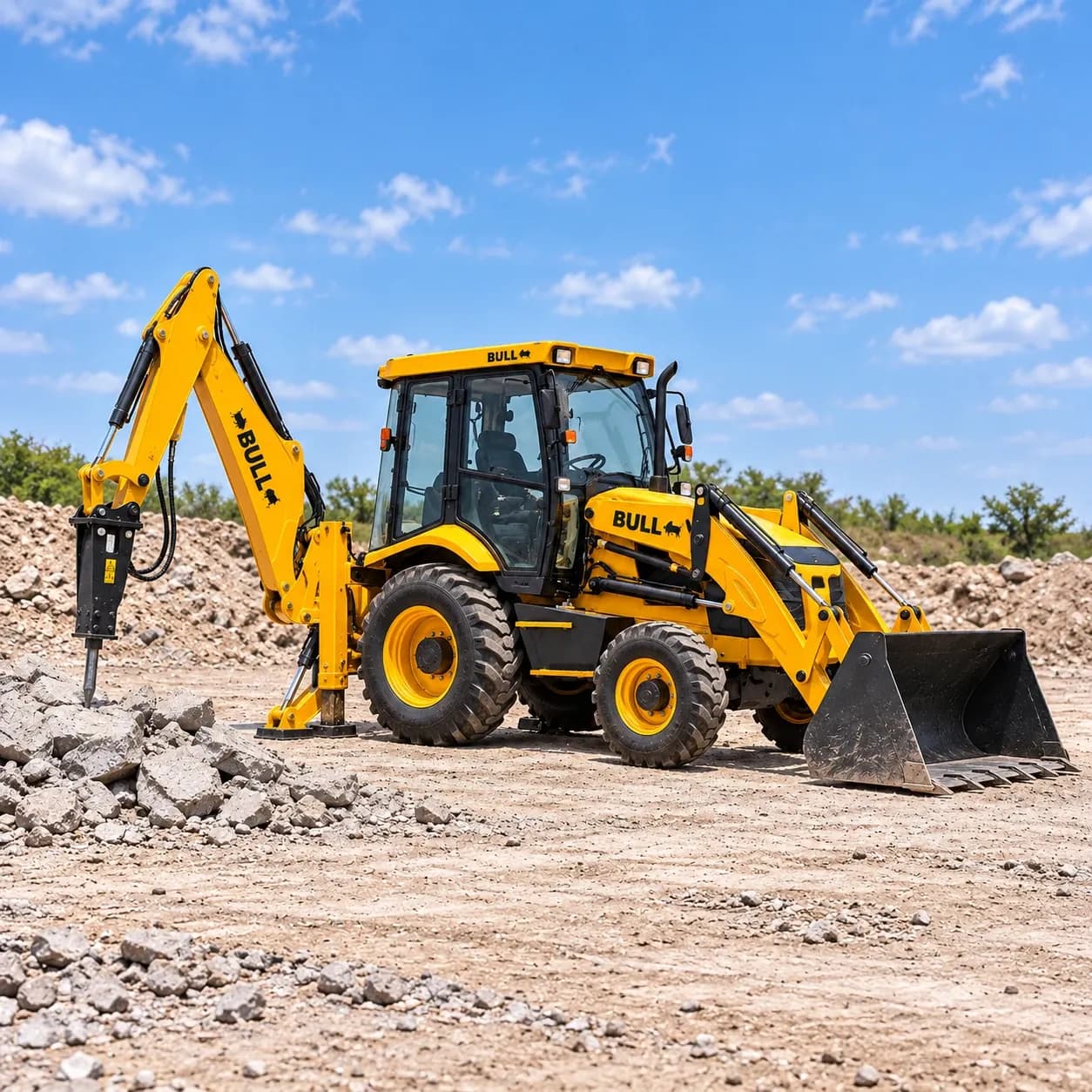 Representative image of a BULL backhoe loader with a rear hydraulic rock breaker