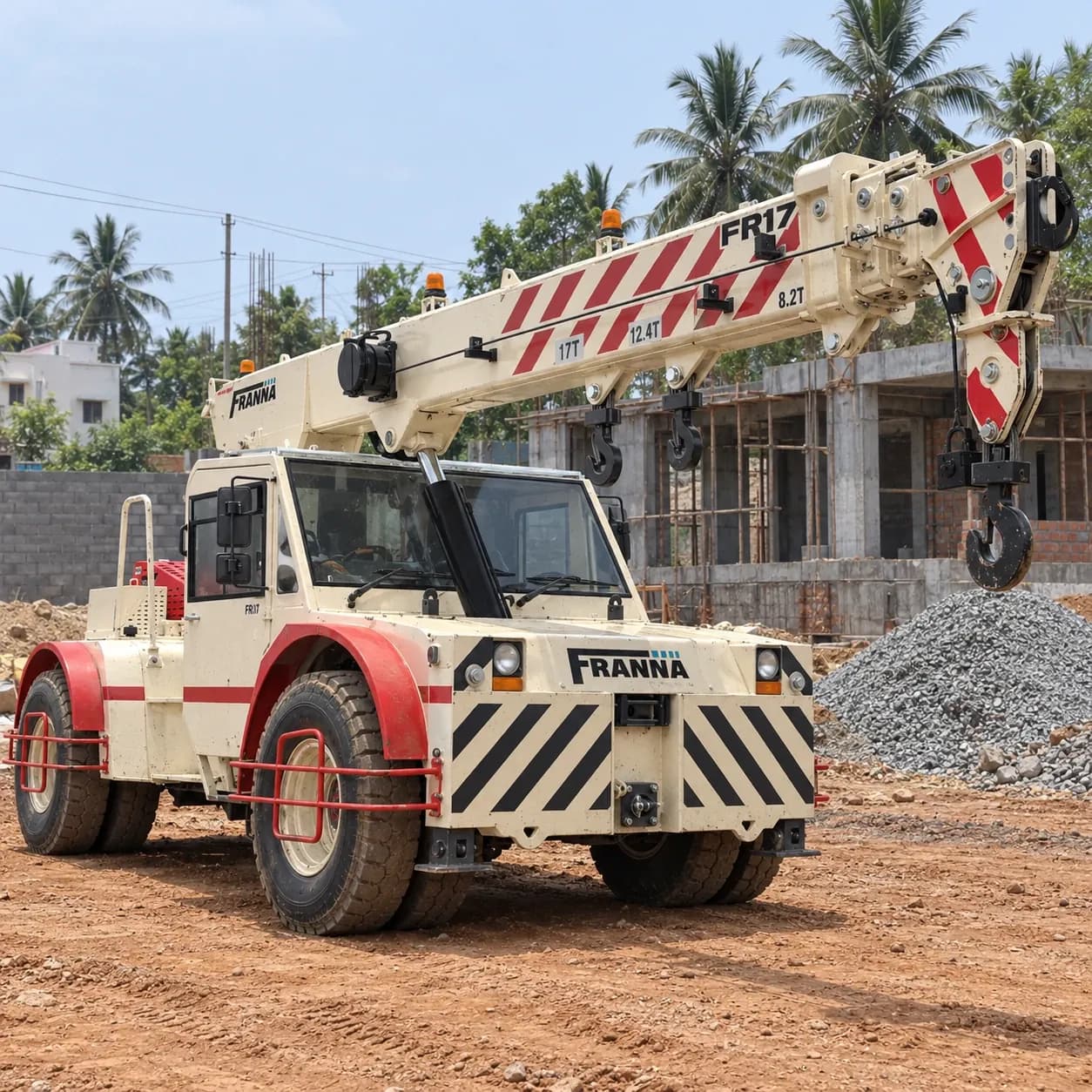 Representative image of a Franna FR17 pick-and-carry crane in an Indian construction yard
