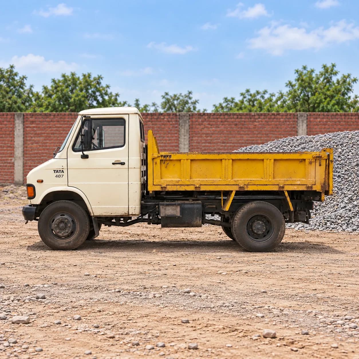 Representative image of a Tata 407 with a compact tipper body on an Indian site