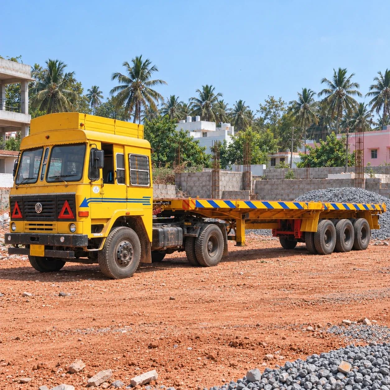 Representative image of an Indian heavy flatbed trailer truck in a Tamil Nadu construction yard