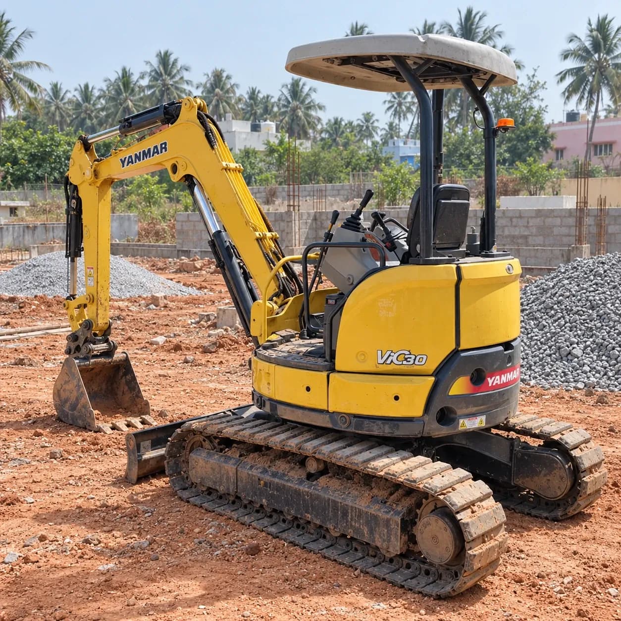 Representative image of a Yanmar ViO30 mini excavator on a Tamil Nadu building site
